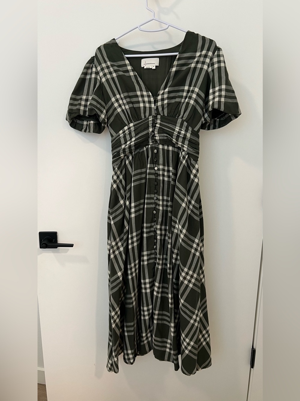 Anthropologie Olive Green Plaid Maxi Dress with Puff Sleeves